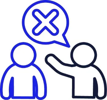 A person pointing at someone else. Above them is a speech bubble with a cross in it.