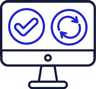 A computer screen with a tick and a change icon on it.