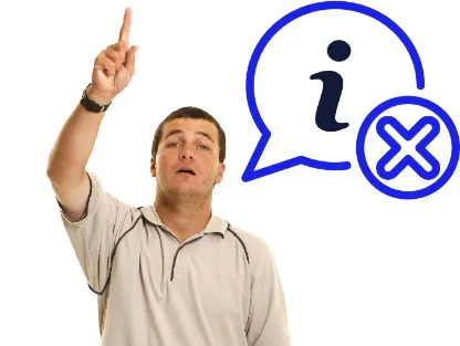 A person with their arm raised. Next to them is a cross next to a speech bubble with an information icon in it.