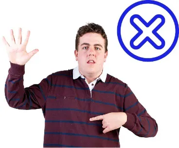 A person pointing at themselves next to a cross.
