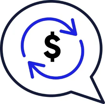 A speech bubble with a change icon and a dollar sign in it.