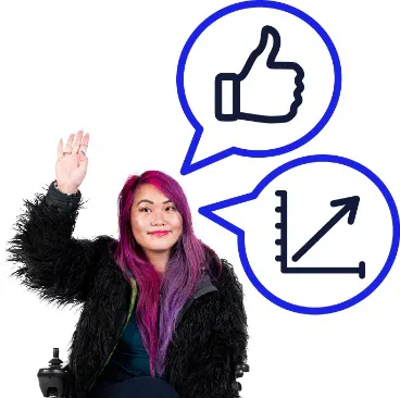 A person next to 2 speech bubbles. In one speech bubble is a thumbs up. In the other is a graph with an upwards arrow.