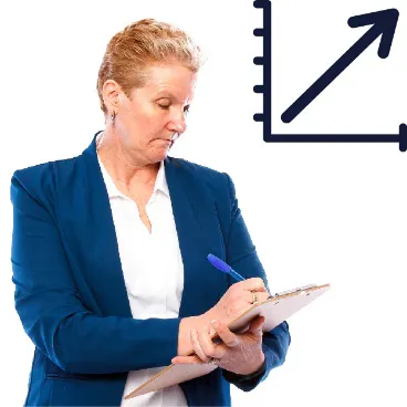 A person writing on a document. Above them is a graph with an upwards arrow.