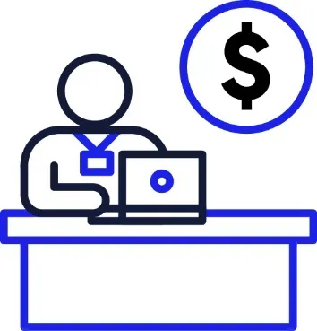 A plan manager using a laptop with a money icon above them.