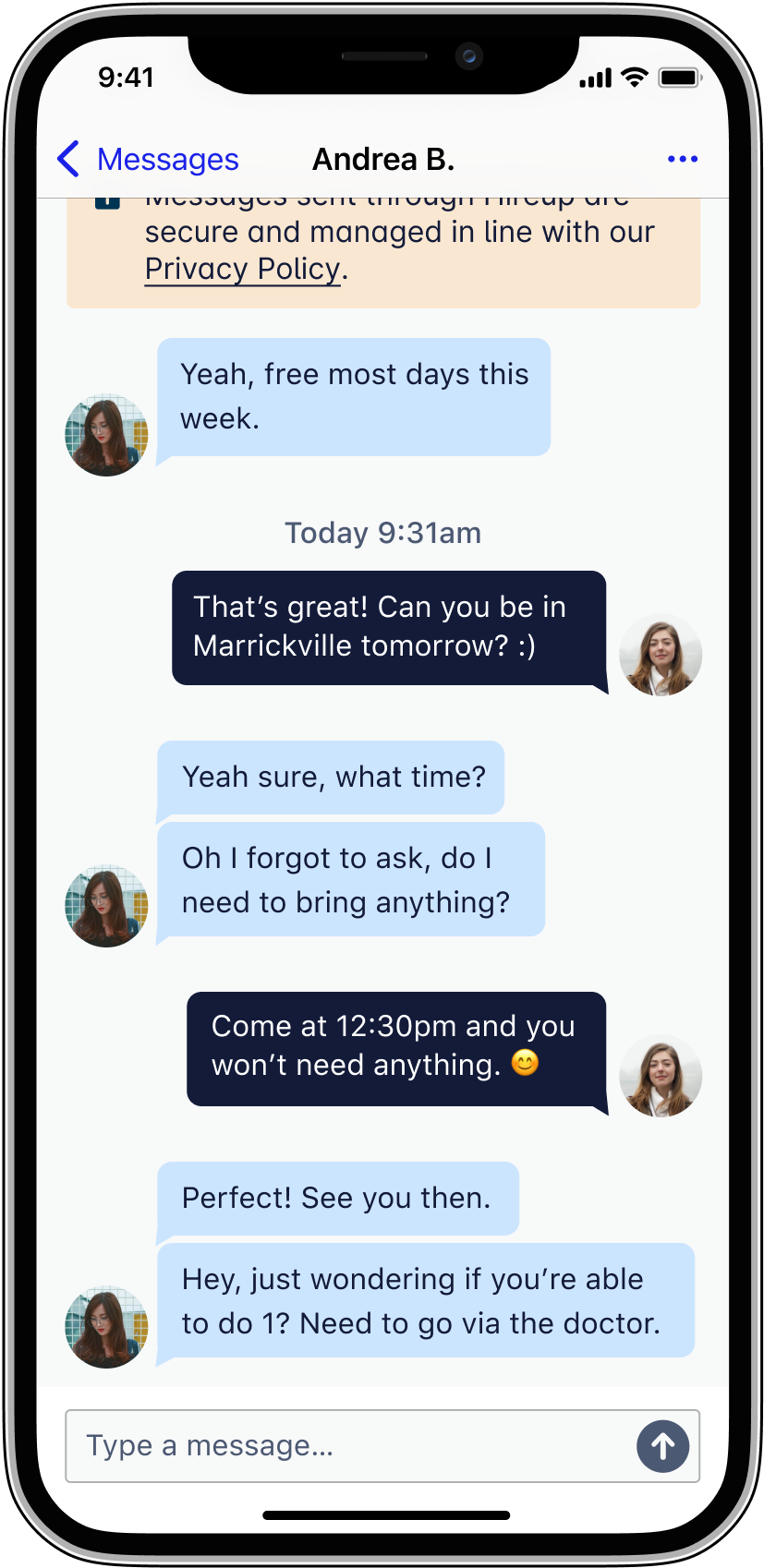 An iPhone showing a message conversation between a Hireup user and a support worker on the Hireup app.