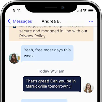 An iPhone showing a message conversation between a Hireup user and a support worker on the Hireup app.
