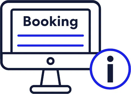 Booking on a computer screen with an information icon.