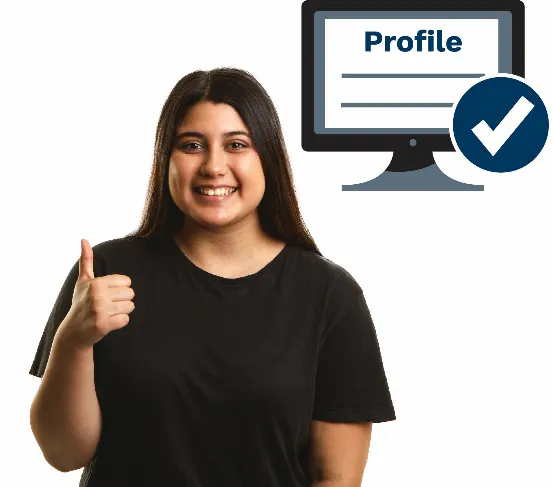 A woman smiling with thumbs up, with a computer with a profile and a tick next to her