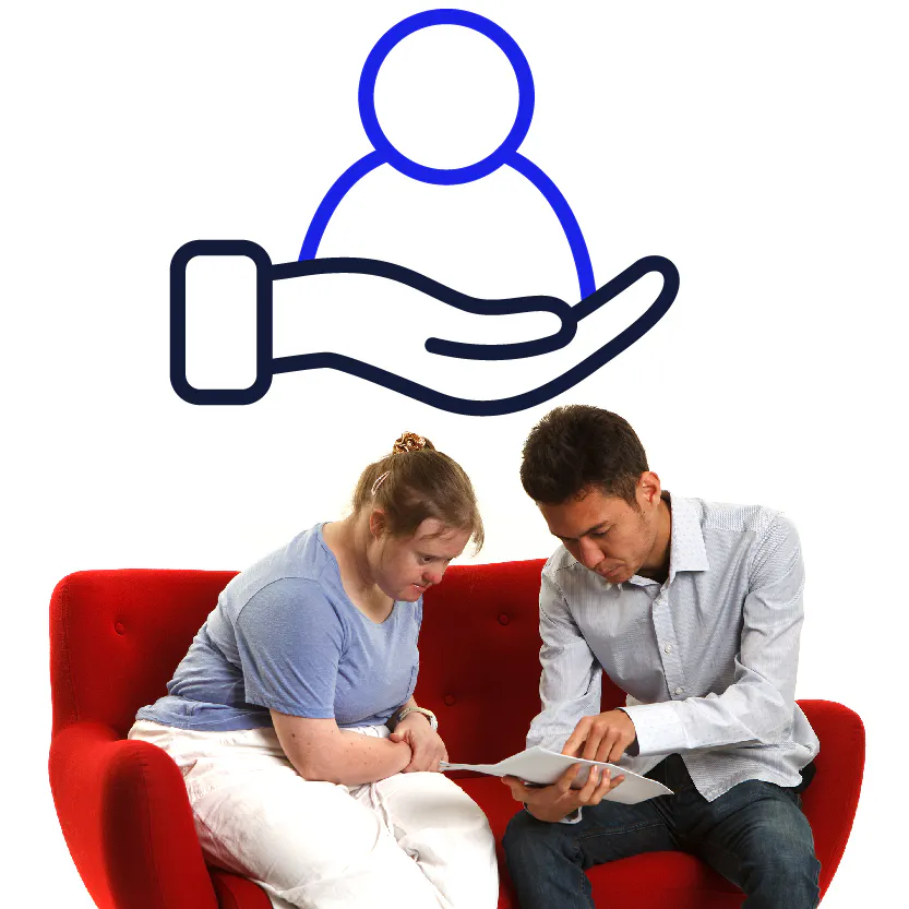 A support icon and a support worker showing someone else a document.