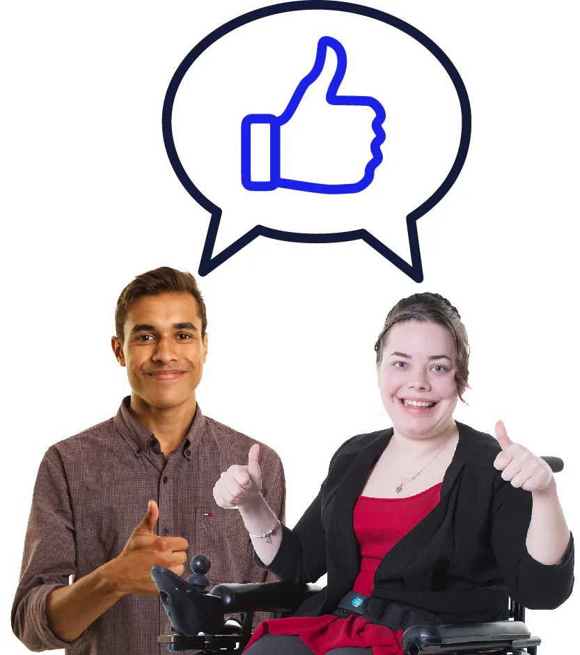 2 people giving thumbs ups. Above them is a thumbs up in a speech bubble.