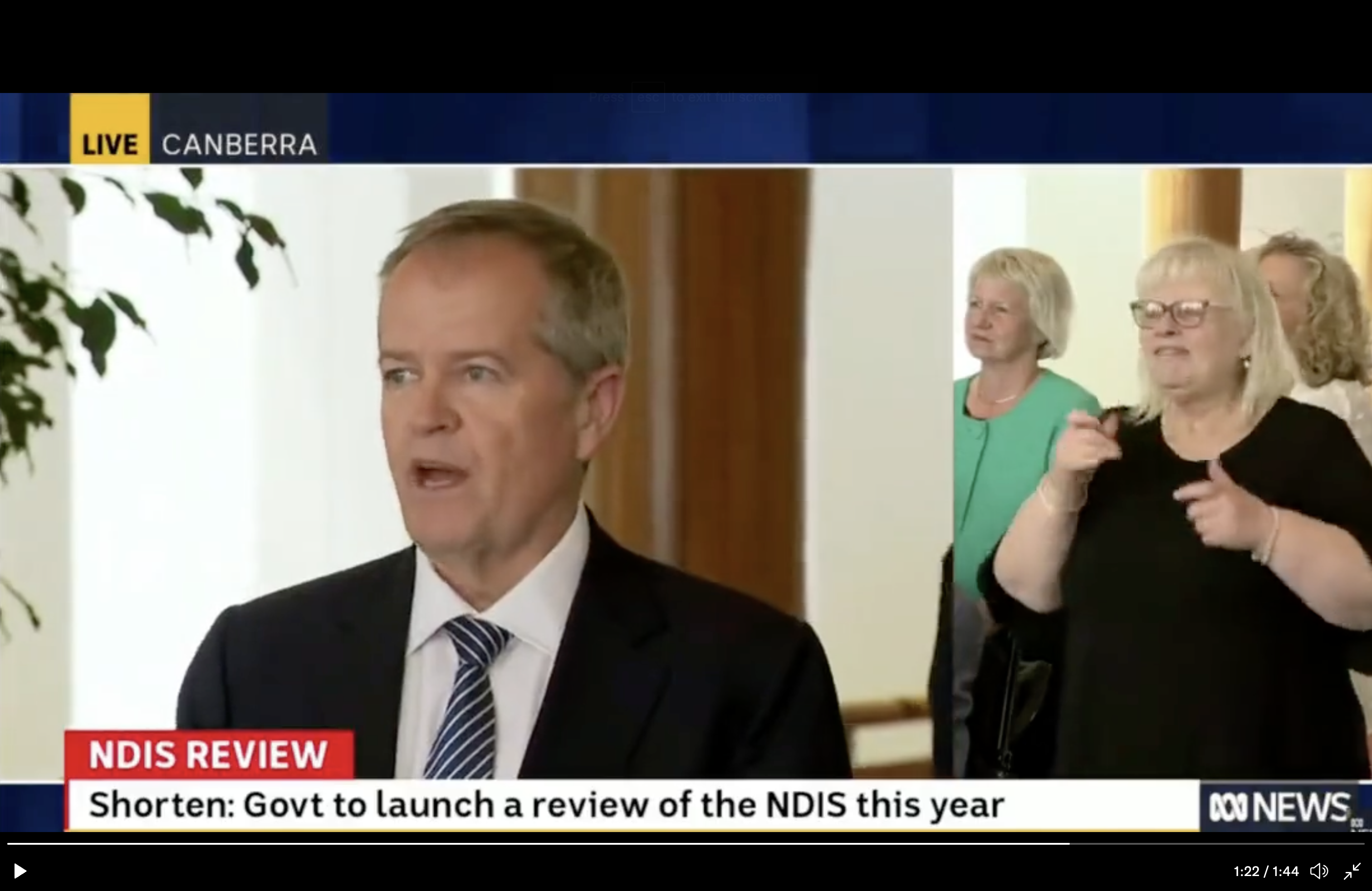 NDIS Minister Bill Shorten - a middle aged man wearing a suit and tie - is on television on the left of a screen. To the right is a blond-haired woman who is providing AUSLAN interpretation. At the bottom of the screen are the words "NDIS Review:  Shorten: Government to launch a review of the NDIS this year".