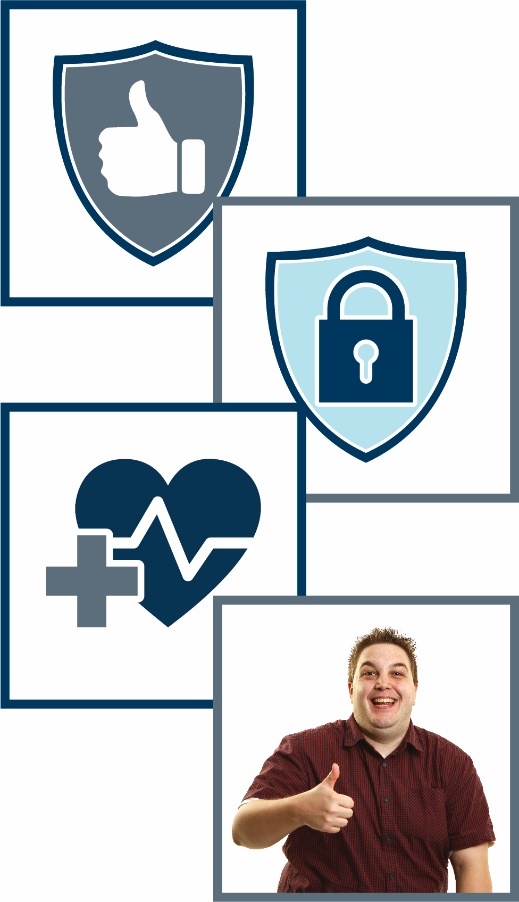 Montage of four images:  a safety icon, a padlock icon, a health icon and a man smiling with thumbs up. 