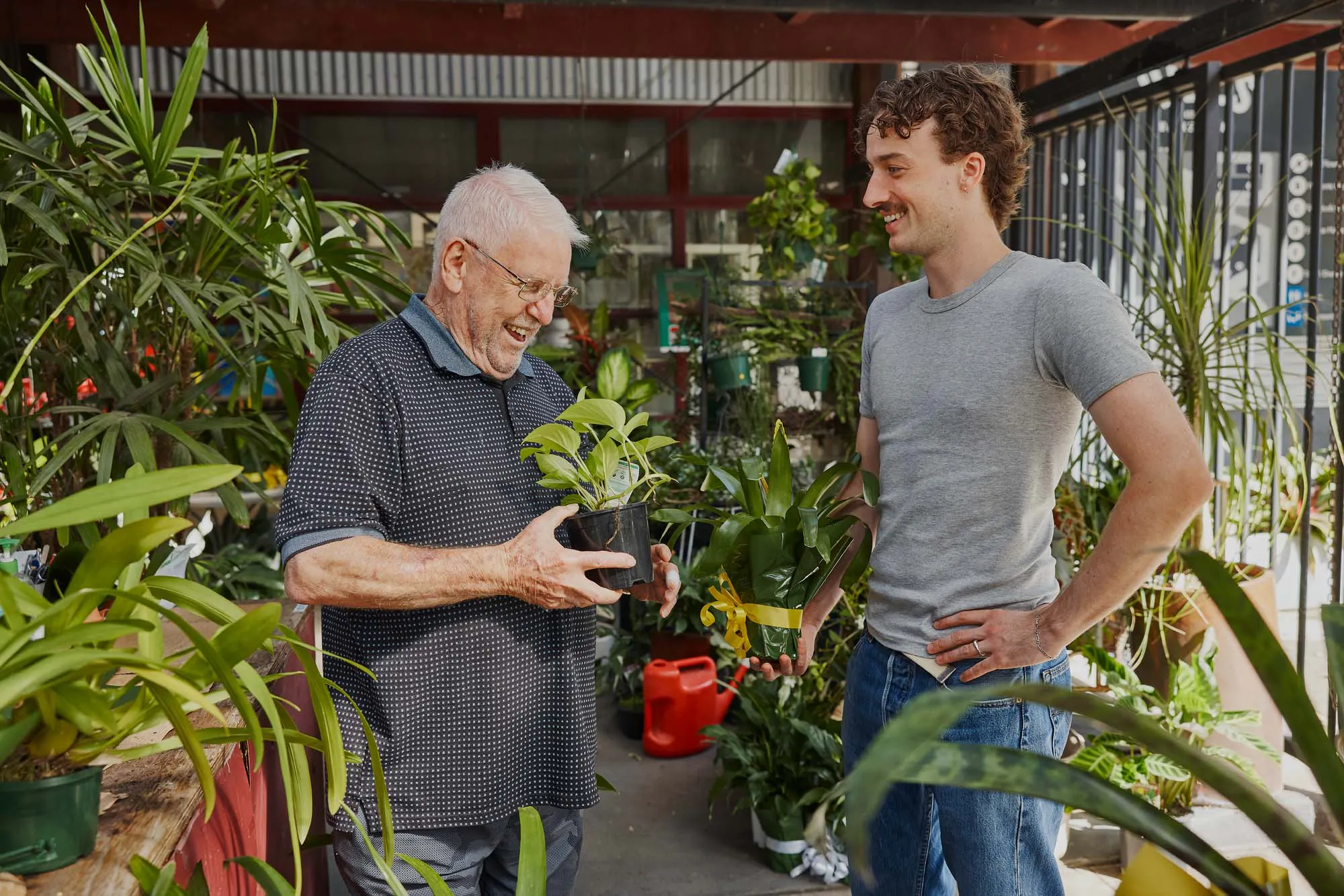 Hireup client Frank and worker Luca pick pot plants up from a nursery.