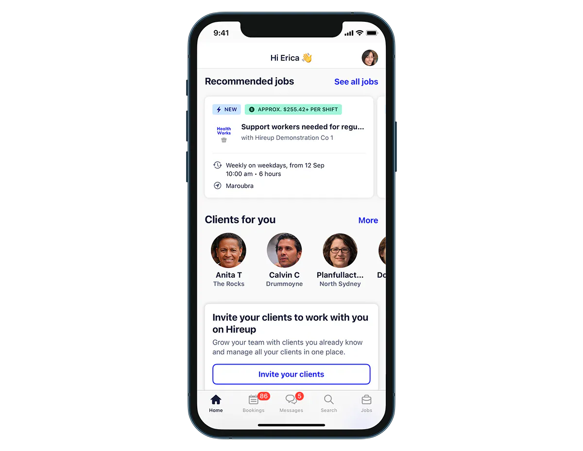 An image of a smartphone screen displaying the Hireup 'Recommended Jobs' feature in the app