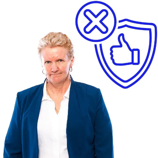 A woman is frowning and thinking. There is a safety icon above her with a cross through it.
