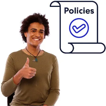 A man with his thumbs up. There is a document that says policies on it.