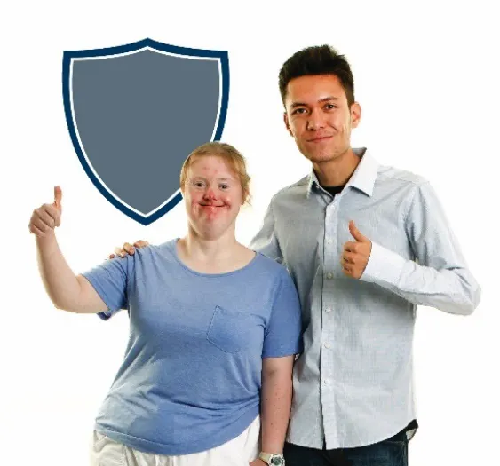 A man supporting a woman his hand on her shoulder. She is smiling with a thumbs up