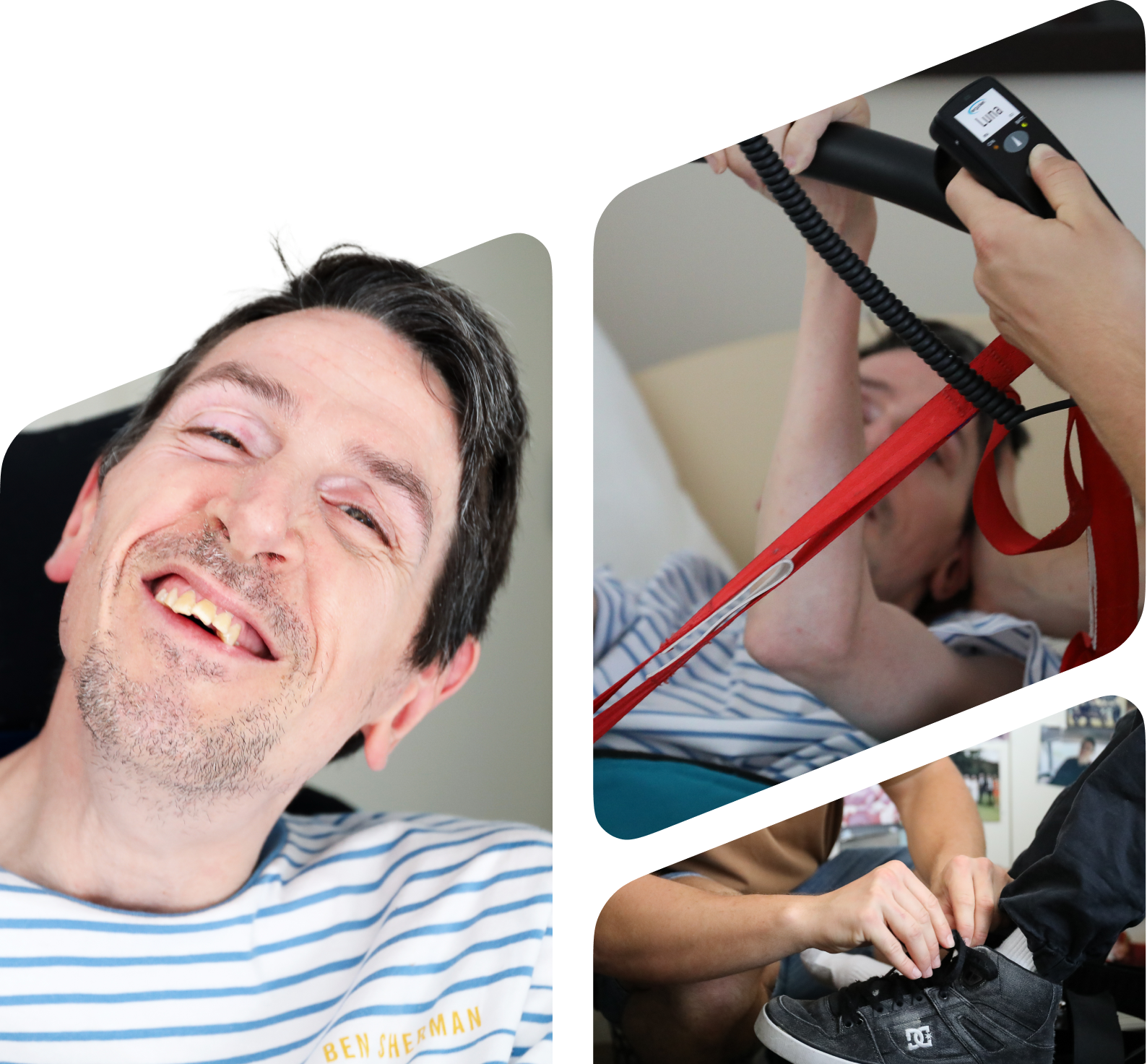 A person smiling, A person assisting the person and a person tying another persons shoes