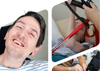 A person smiling, A person assisting the person and a person tying another persons shoes
