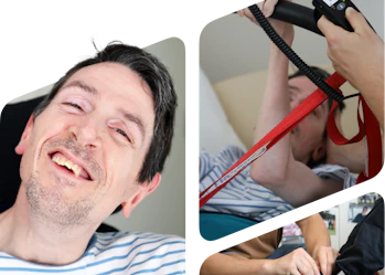 A person smiling, A person assisting the person and a person tying another persons shoes