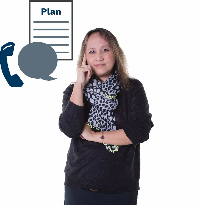 A woman thinking. She has a speech bubble, a phone and plan document icon
