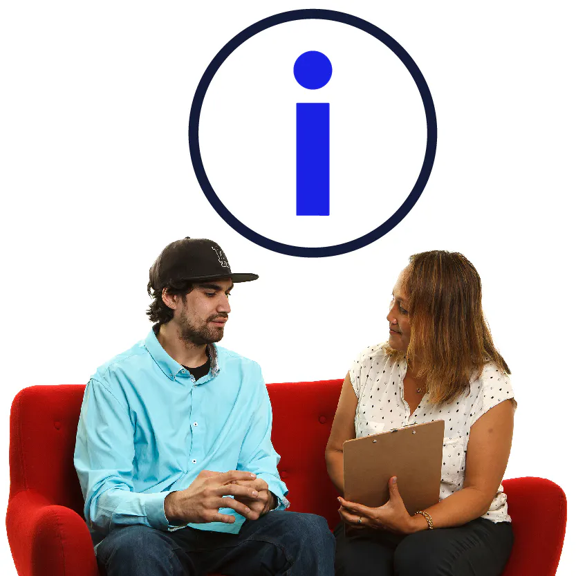 An information icon and 2 people having a conversation.