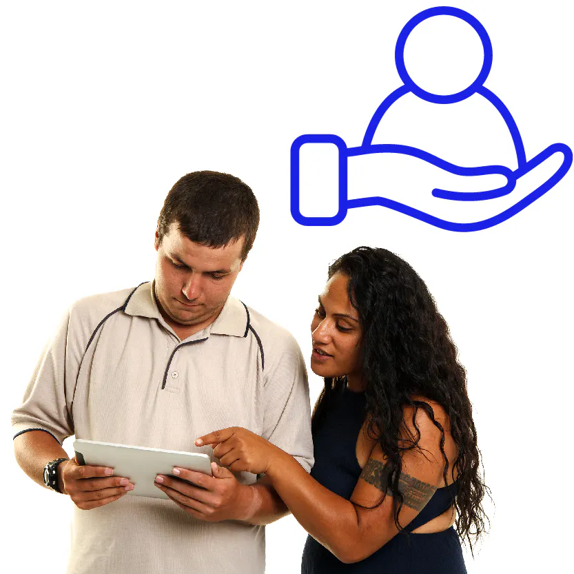 A support icon and a support worker showing someone else information on an iPad.