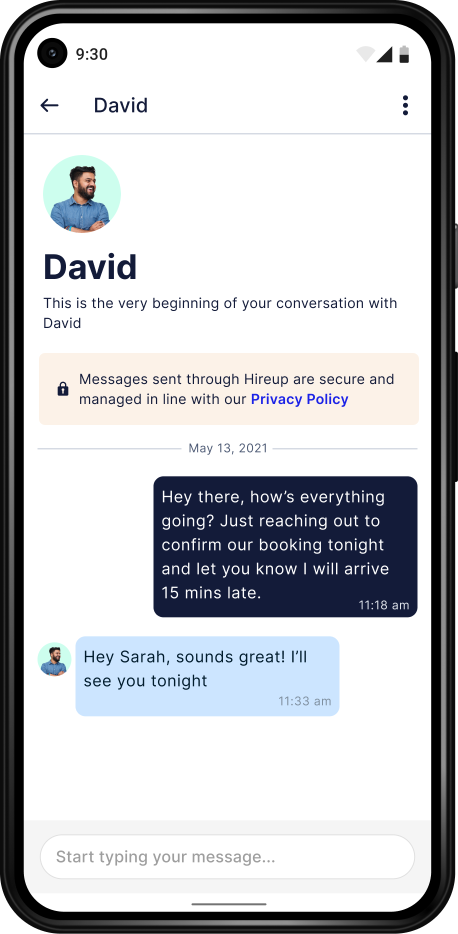 An Android phone showing messaging between a client and support worker on the Hireup app. 