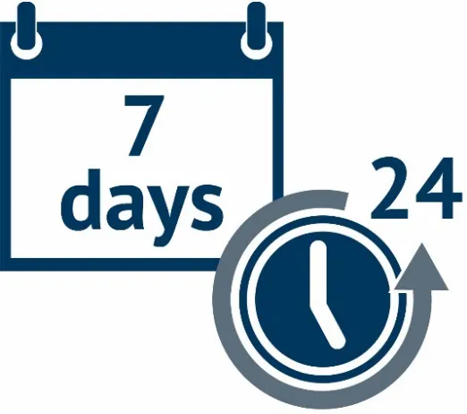 Calendar icon with 7 days and a clock with 24 next to it
