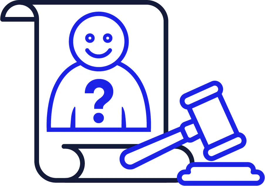 A law document and a gavel. On the law document in an outline of a person with a question mark on it.