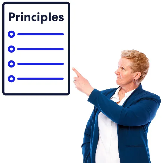 A woman pointing to a document called Principles.