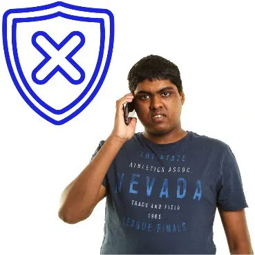 A man on the phone with an error symbol.