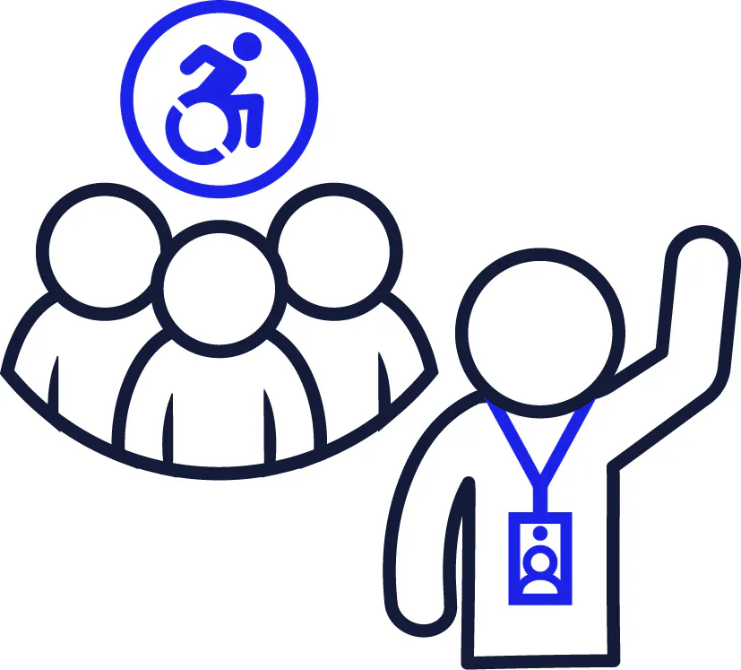 3 people and a disability icon next to a support worker with their hand in the air.