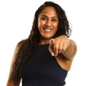 A woman pointing at you.