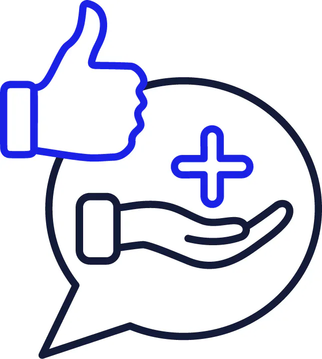 An extra support icon in a speech bubble. Next to it is a thumbs up.
