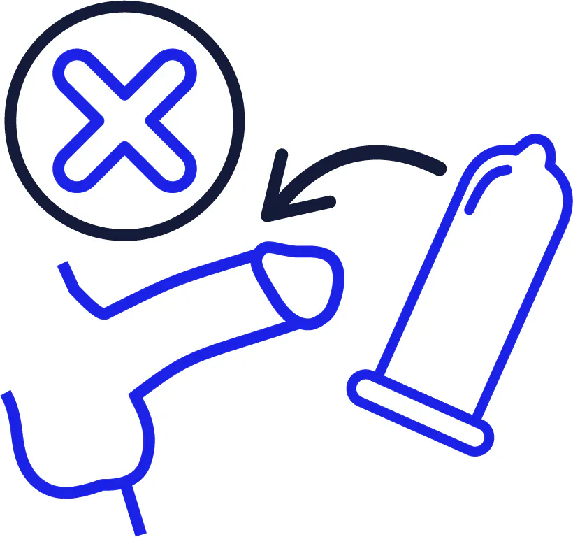 An arrow pointing from a condom to a penis. Above this is a cross.