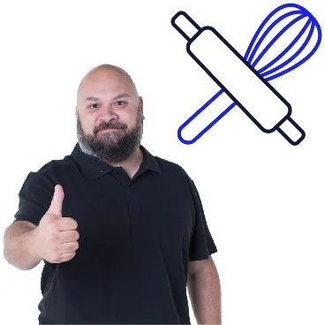 A man with a thumbs up and a cooking icon above him.