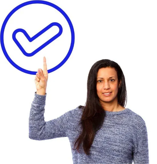 A woman holds her hand up with a tick symbol.