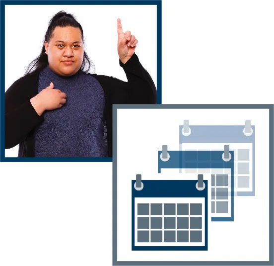 A montage of two images: a woman raising her hand to say something and 3 calendar icons