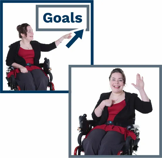 A montage of to images: a woman pointing to her goal and the same woman with one hand raised and the other pointing to herself