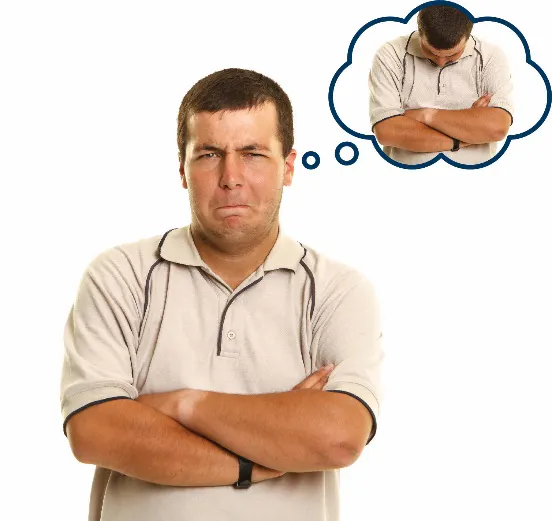 A man frowning with his arms crossed. He has a thought bubble with himself in it, looking sad