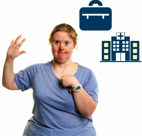 A woman with one hand raised and the other pointing at herself. There are icons for work and hospitals next to her