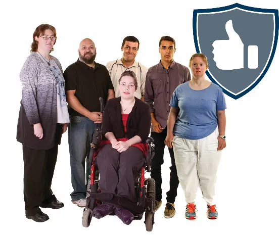 A group of people standing together with a safety icon