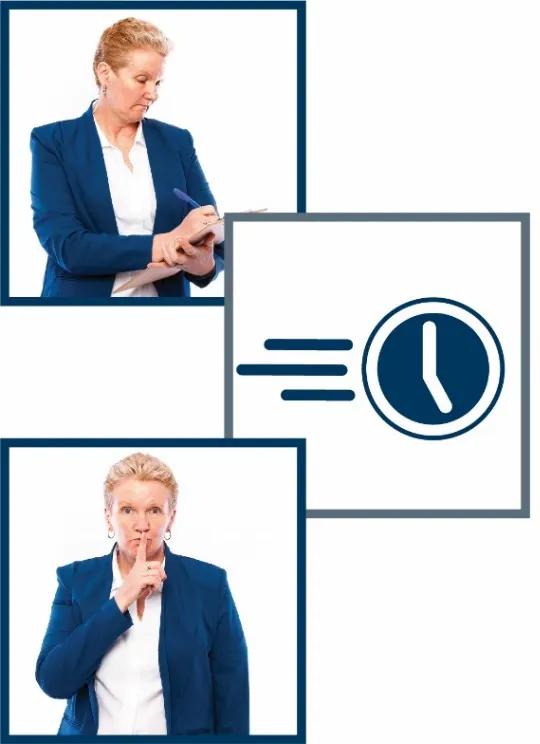 A montage of 3 - a woman writing on a clipboard, a clock icon and a woman with her finger up to her moth to say be quiet