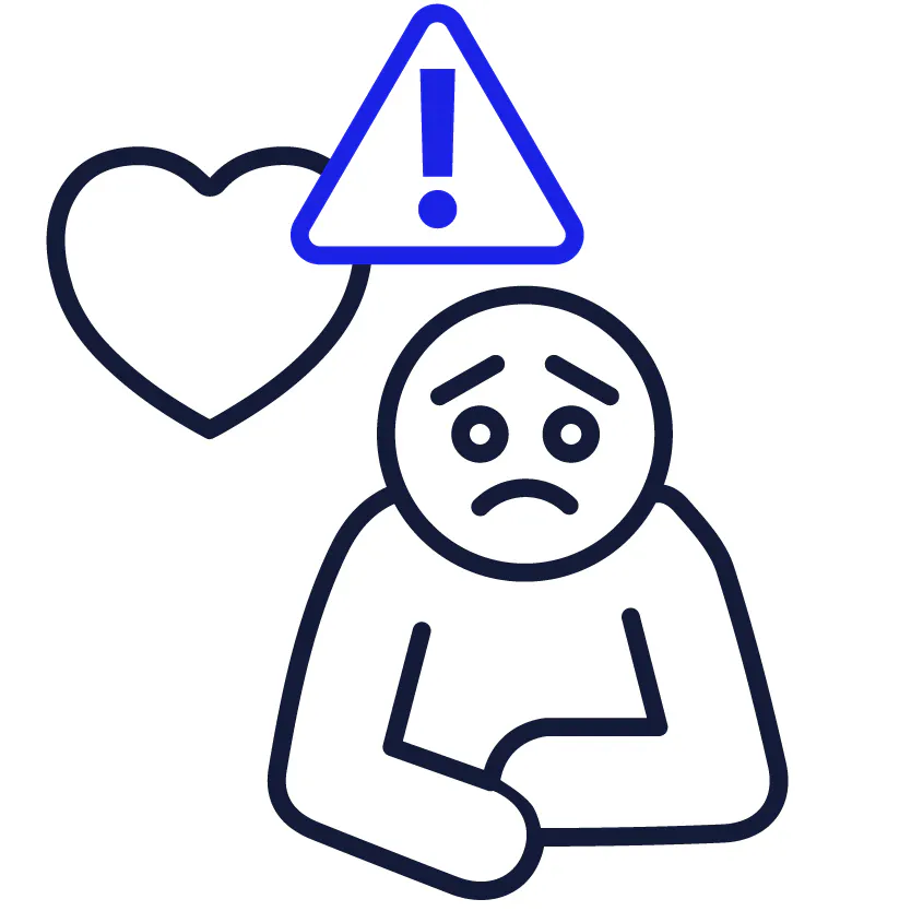 A person looking upset, a heart and an emergency icon.