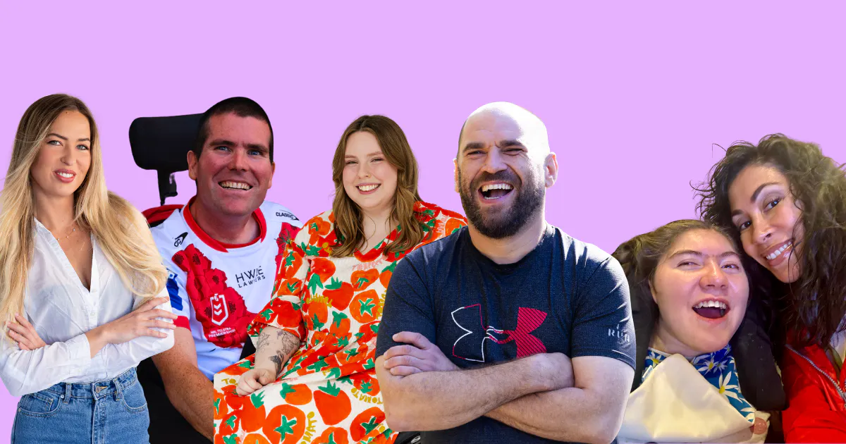 A mocked up image of five people with disability, including: Anja Christoffersen, Mick, Jasmin, Tony, plus Ilse with her daughter Amara.