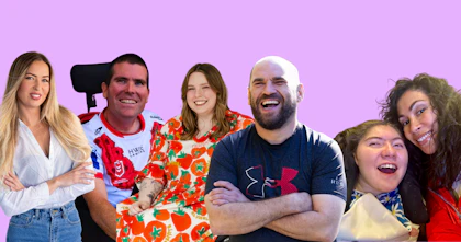 A mocked up image of five people with disability, including: Anja Christoffersen, Mick, Jasmin, Tony, plus Ilse with her daughter Amara.