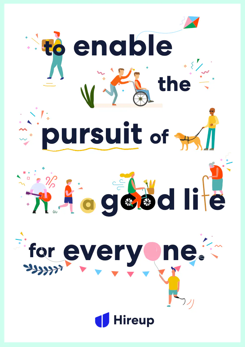 The cover of Hireup's 2020/21 annual report, with illustrations of people doing various activities. The title reads: to enable the pursuit of a good life for everyone.