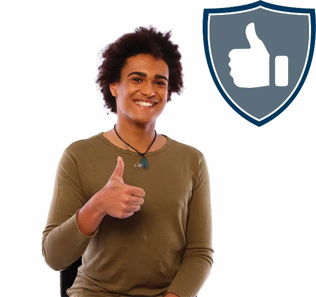 A man smiling with a thumbs up, with a safety icon next to him