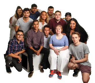 A diverse group of people sitting and standing.